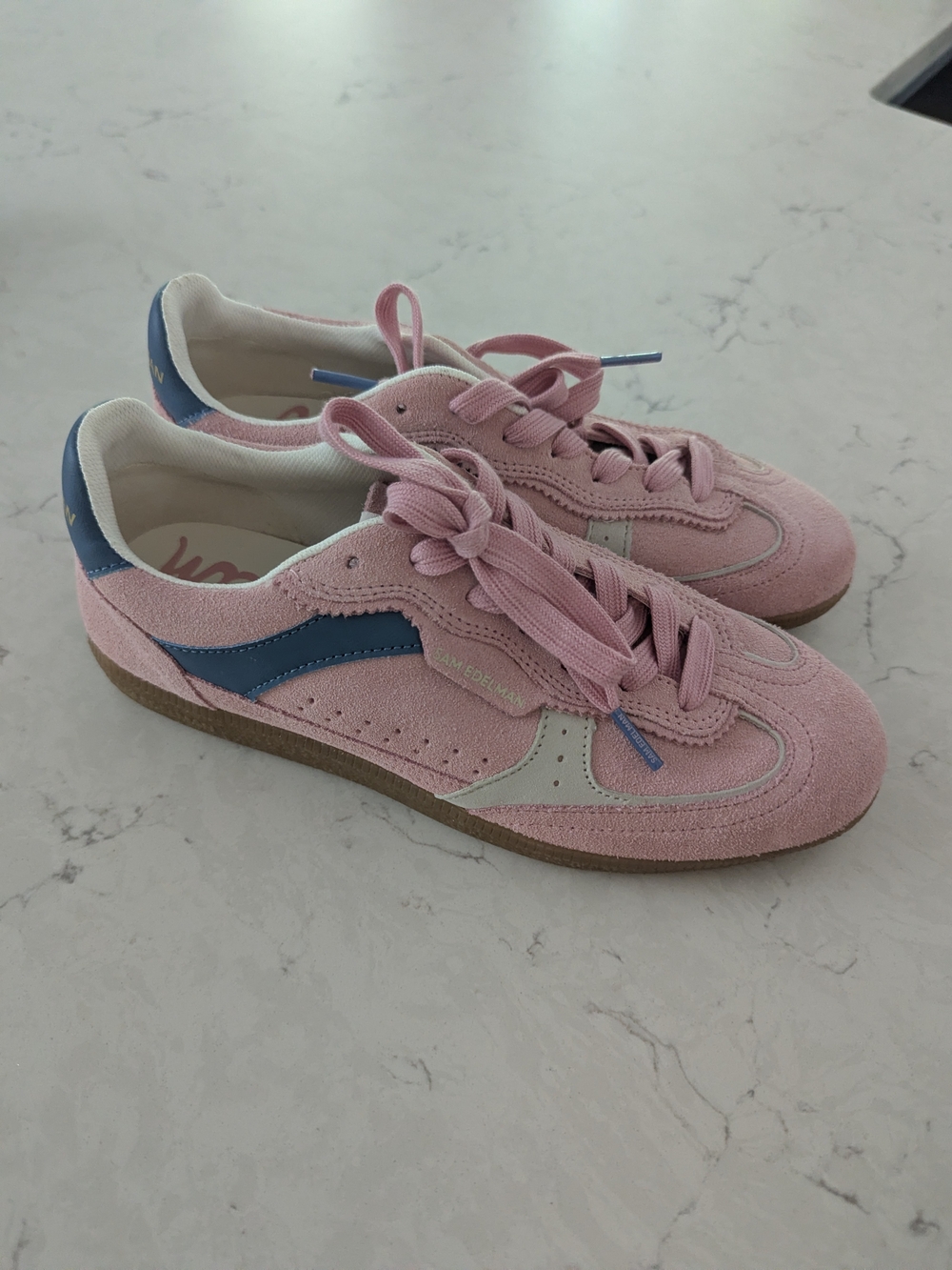 Sam Edelman Kaylen  Pink Suede Sneakers with Blue and Cream Accents
